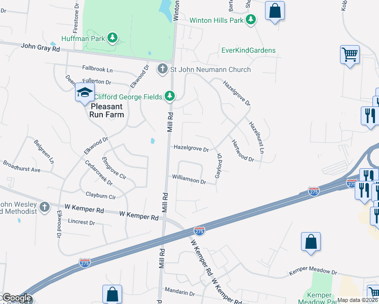 map of restaurants, bars, coffee shops, grocery stores, and more near 11929 Winston Circle in Cincinnati
