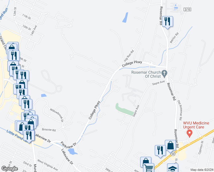 map of restaurants, bars, coffee shops, grocery stores, and more near 4530 College Parkway in Parkersburg