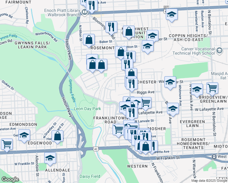 map of restaurants, bars, coffee shops, grocery stores, and more near 3003 Lyttleton Road in Baltimore