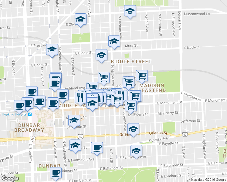 map of restaurants, bars, coffee shops, grocery stores, and more near 825 North Milton Avenue in Baltimore