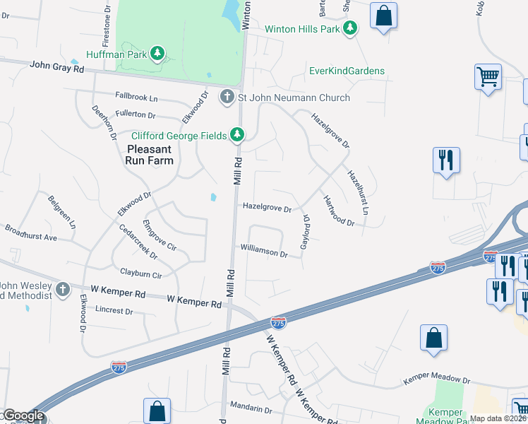 map of restaurants, bars, coffee shops, grocery stores, and more near 11929 Winston Circle in Cincinnati