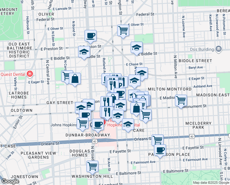 map of restaurants, bars, coffee shops, grocery stores, and more near 880 North Wolfe Street in Baltimore