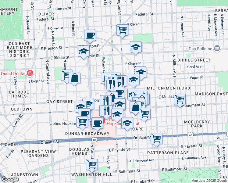 map of restaurants, bars, coffee shops, grocery stores, and more near 880 North Wolfe Street in Baltimore
