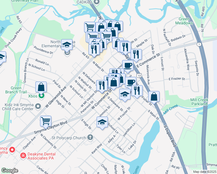 map of restaurants, bars, coffee shops, grocery stores, and more near 10 Market Street in Smyrna