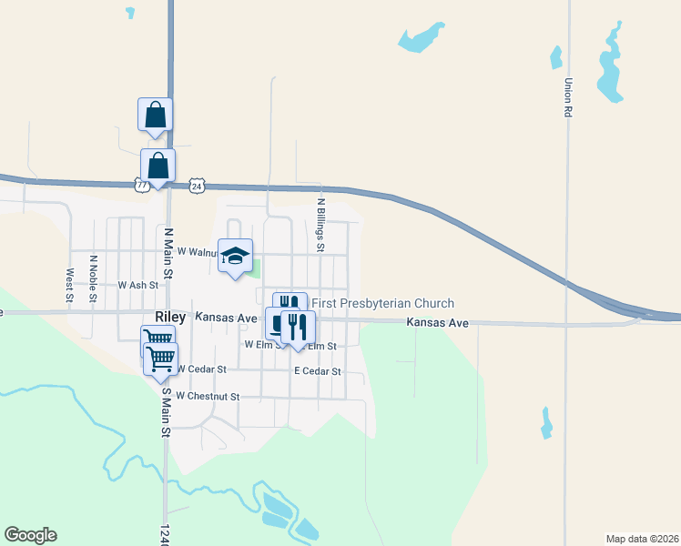 map of restaurants, bars, coffee shops, grocery stores, and more near 213 North Iowa Street in Riley