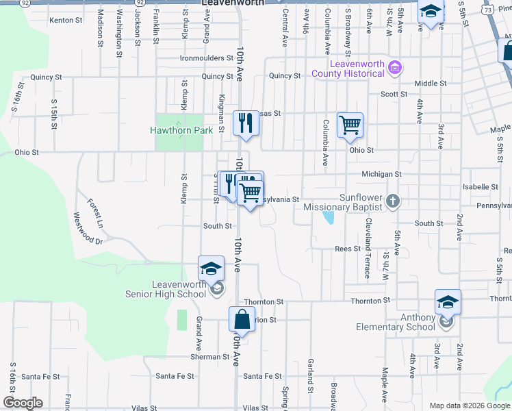 map of restaurants, bars, coffee shops, grocery stores, and more near 1700 Lawrence Avenue in Leavenworth