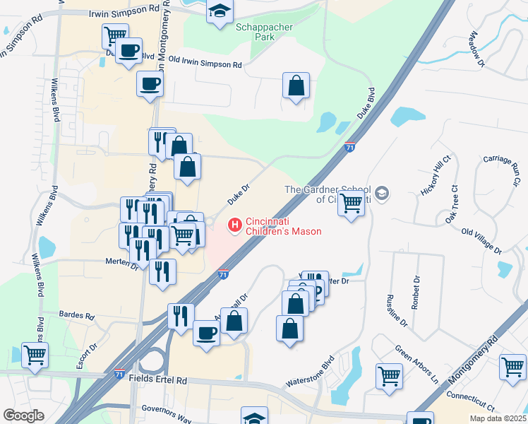 map of restaurants, bars, coffee shops, grocery stores, and more near 4705 Duke Drive in Mason