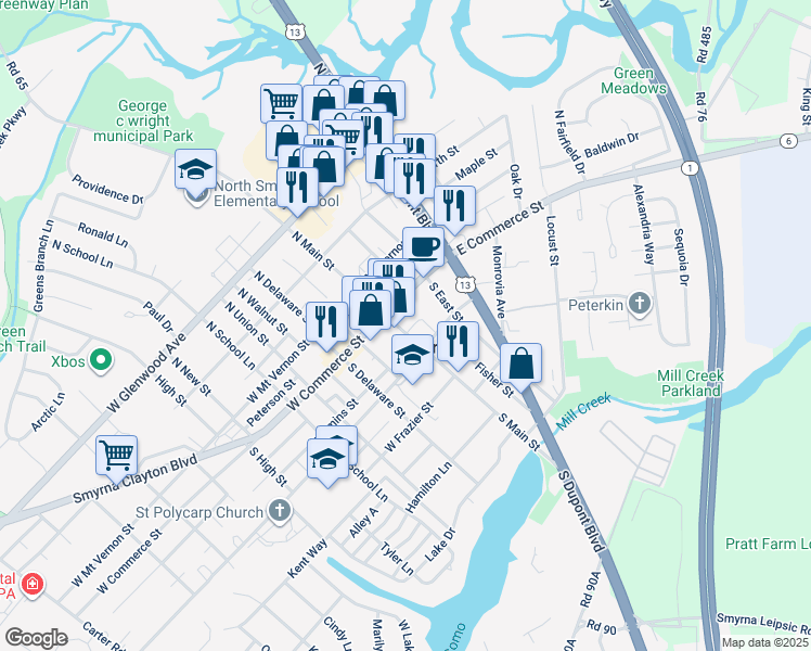 map of restaurants, bars, coffee shops, grocery stores, and more near 22 South Main Street in Smyrna