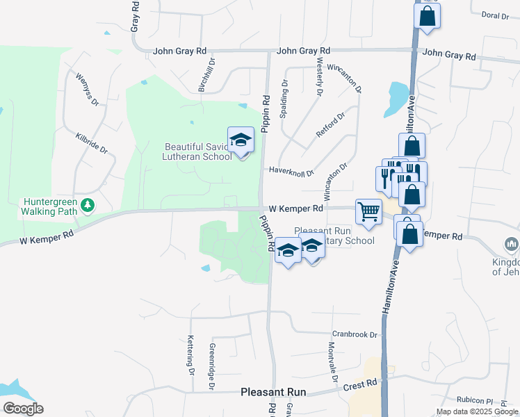map of restaurants, bars, coffee shops, grocery stores, and more near W Kemper Rd & Pippin Rd in Pleasant Run