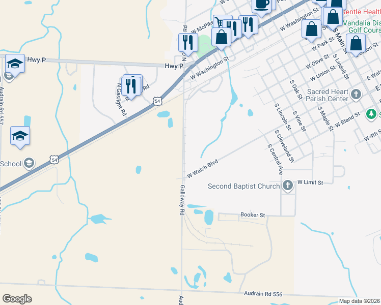 map of restaurants, bars, coffee shops, grocery stores, and more near 2467 Audrain Road 565 in Vandalia