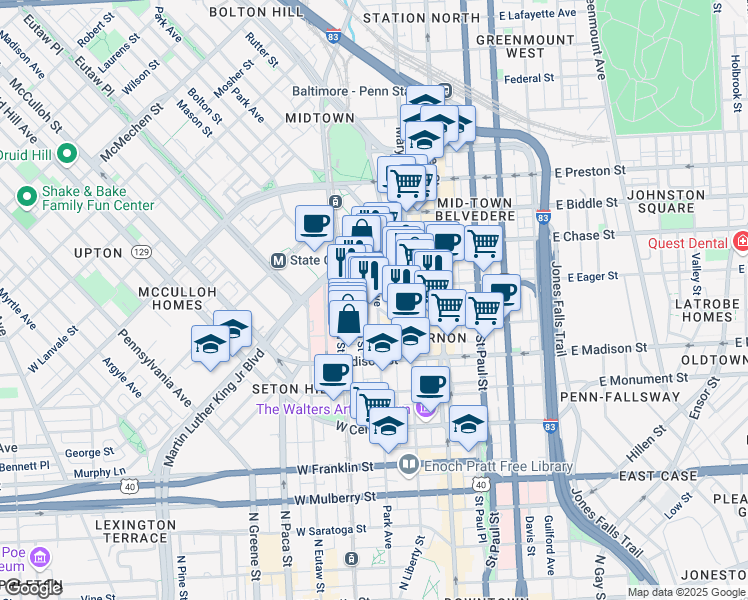 map of restaurants, bars, coffee shops, grocery stores, and more near 202 West Read Street in Baltimore