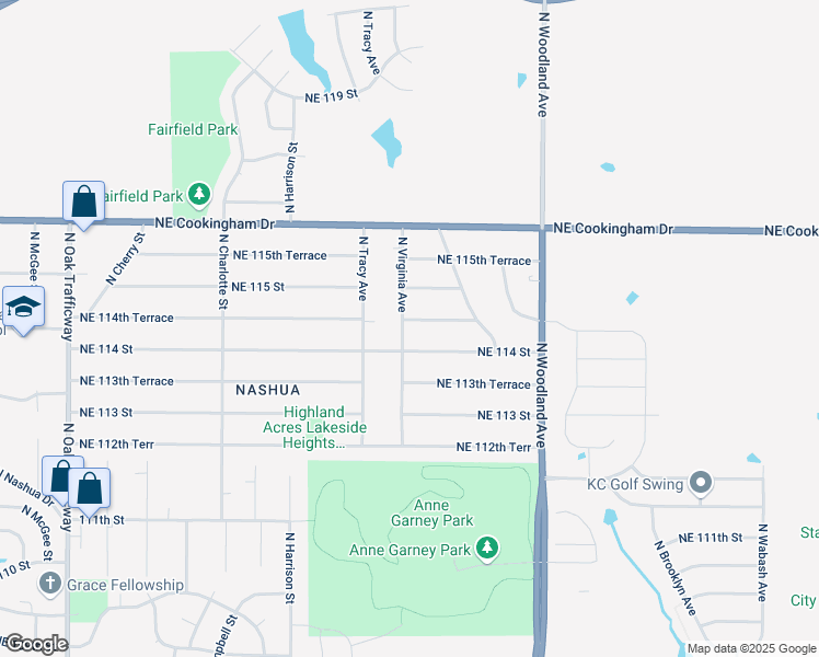 map of restaurants, bars, coffee shops, grocery stores, and more near 11415 North Virginia Avenue in Kansas City