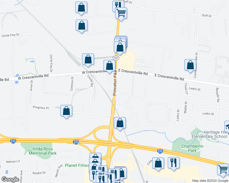 map of restaurants, bars, coffee shops, grocery stores, and more near 12191 Princeton Pike in Cincinnati