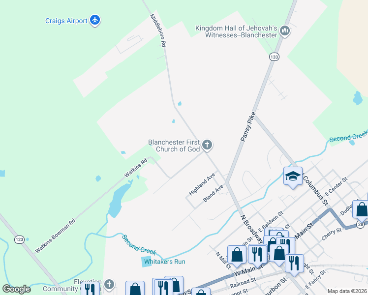 map of restaurants, bars, coffee shops, grocery stores, and more near 125 Watkins Road in Blanchester