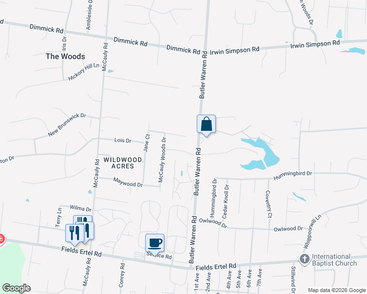 map of restaurants, bars, coffee shops, grocery stores, and more near 8335 Shadyside Drive in Butler County