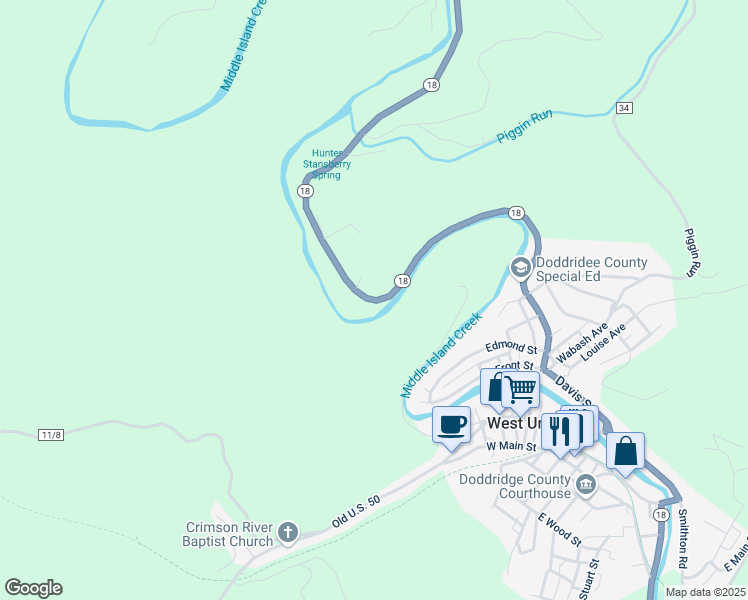 map of restaurants, bars, coffee shops, grocery stores, and more near West Virginia 18 in West Union
