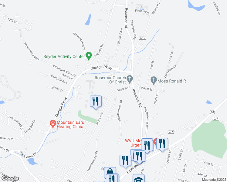 map of restaurants, bars, coffee shops, grocery stores, and more near 5 Wyndham Knob in Parkersburg