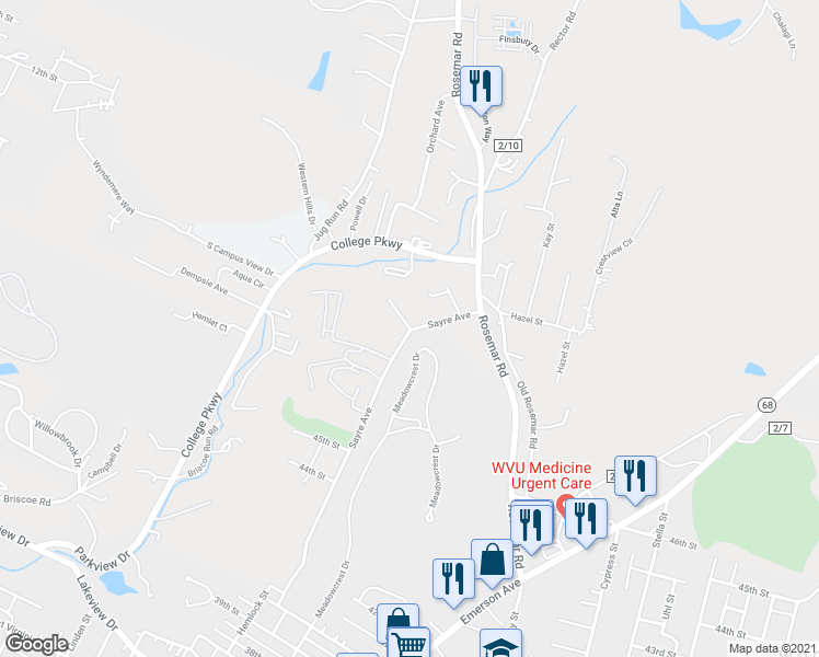 map of restaurants, bars, coffee shops, grocery stores, and more near 11 Wyndham Knob in Parkersburg