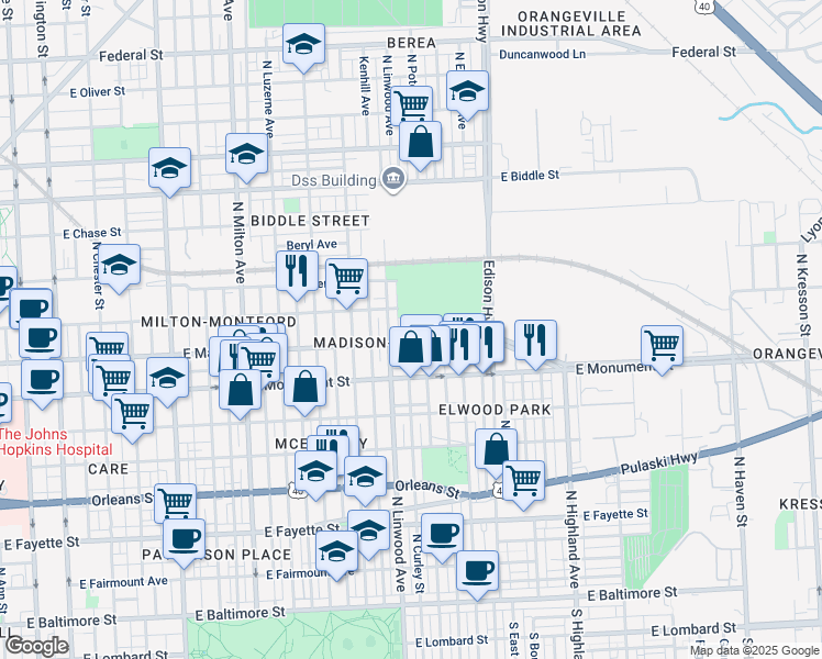 map of restaurants, bars, coffee shops, grocery stores, and more near 805 North Curley Street in Baltimore