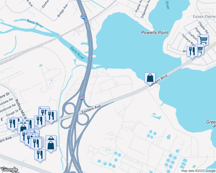 map of restaurants, bars, coffee shops, grocery stores, and more near 8250 Eastern Avenue in Baltimore