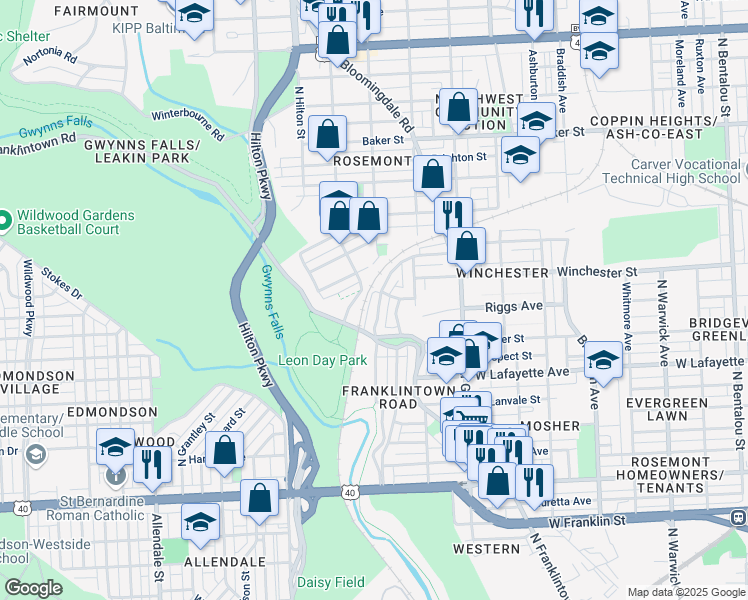 map of restaurants, bars, coffee shops, grocery stores, and more near 1046 Ellicott Driveway in Baltimore