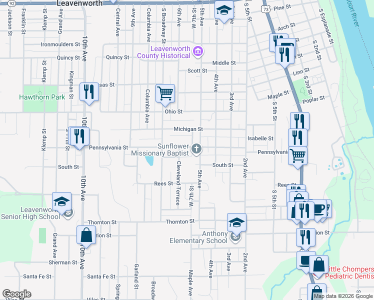 map of restaurants, bars, coffee shops, grocery stores, and more near 1708 5th Avenue in Leavenworth