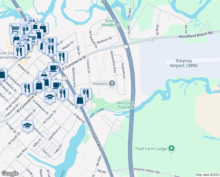 map of restaurants, bars, coffee shops, grocery stores, and more near 107 Lawn Drive in Smyrna