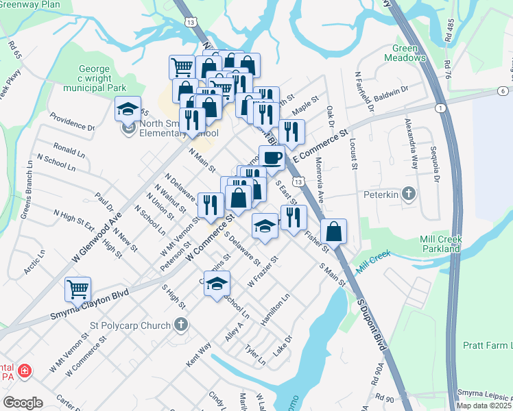 map of restaurants, bars, coffee shops, grocery stores, and more near 29 South Main Street in Smyrna