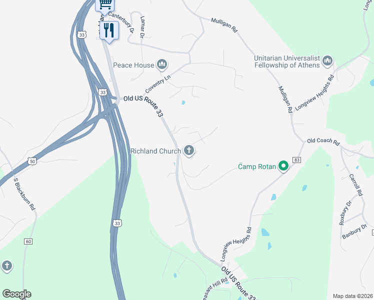 map of restaurants, bars, coffee shops, grocery stores, and more near 60 Pomeroy Road in Athens
