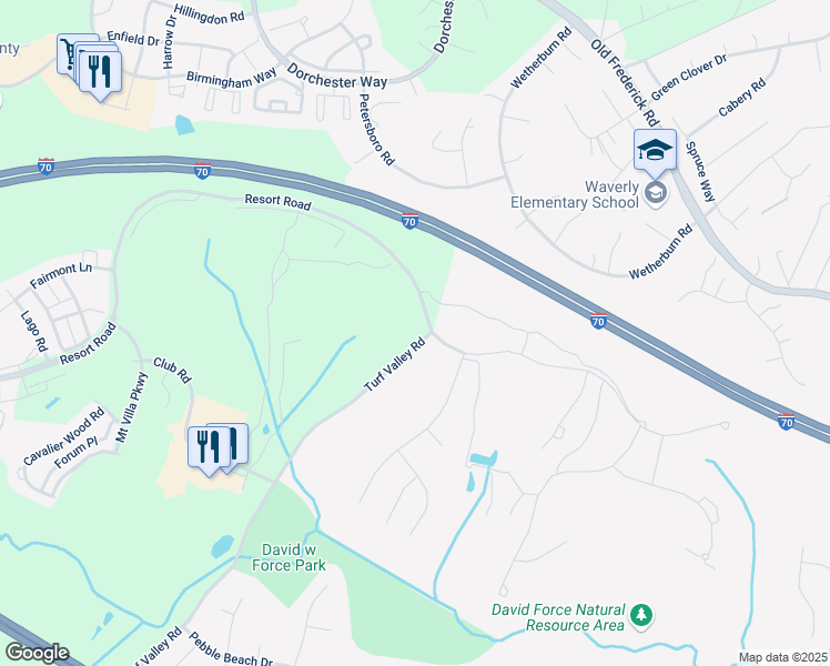 map of restaurants, bars, coffee shops, grocery stores, and more near 2602 Turf Valley Road in Ellicott City