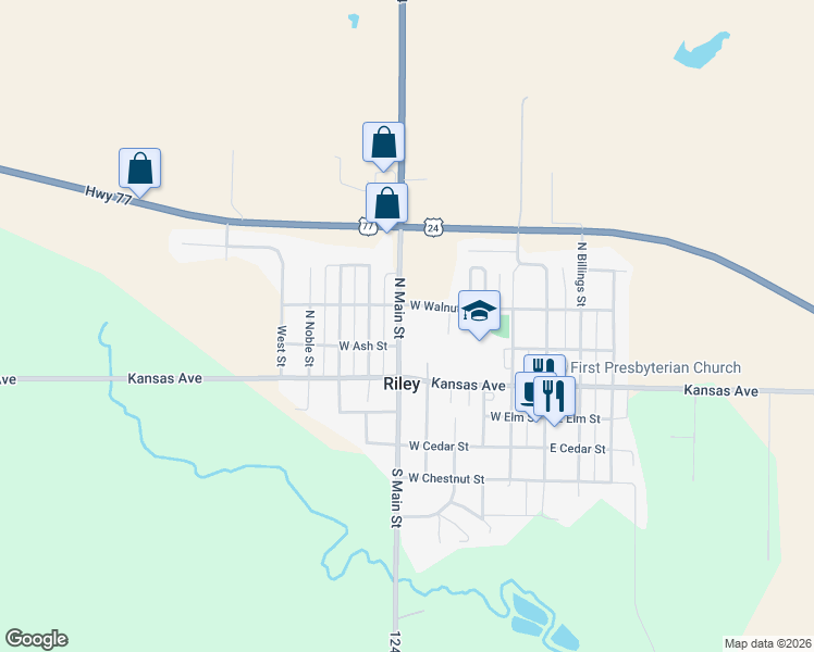 map of restaurants, bars, coffee shops, grocery stores, and more near 601-699 West Ash Street in Riley