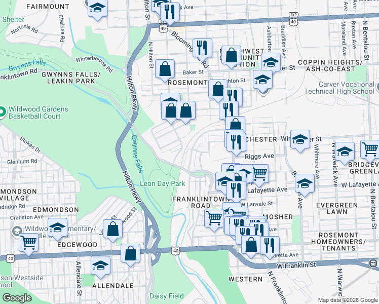 map of restaurants, bars, coffee shops, grocery stores, and more near 1083 Ellicott Driveway in Baltimore