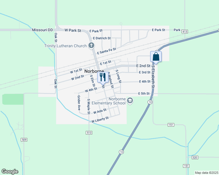 map of restaurants, bars, coffee shops, grocery stores, and more near 448-476 South Walnut Street in Norborne