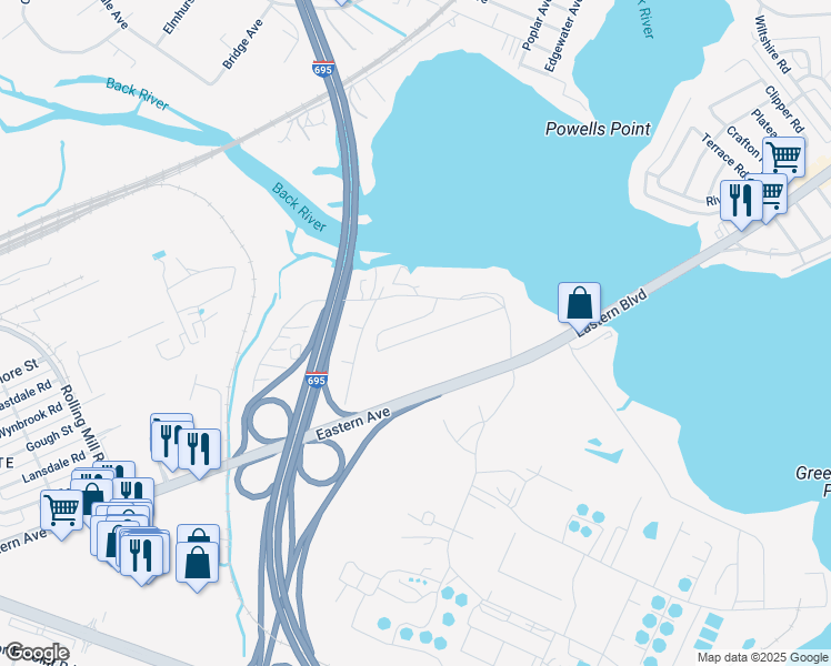 map of restaurants, bars, coffee shops, grocery stores, and more near 8250 Eastern Avenue in Baltimore