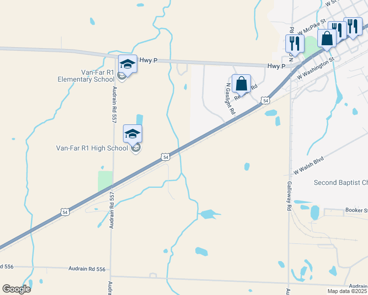 map of restaurants, bars, coffee shops, grocery stores, and more near 2200 U.S. 54 in Vandalia