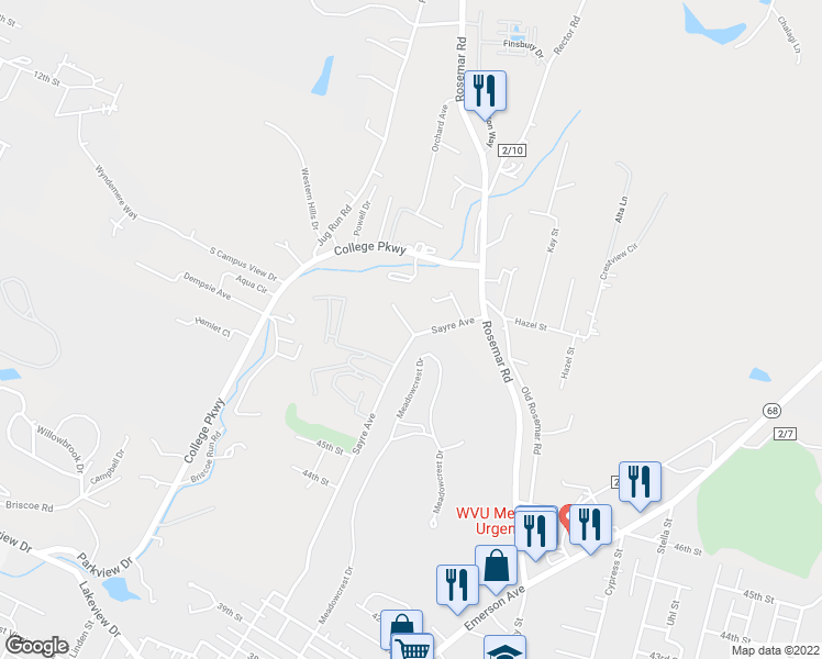 map of restaurants, bars, coffee shops, grocery stores, and more near 42 Wyndham Knob in Parkersburg