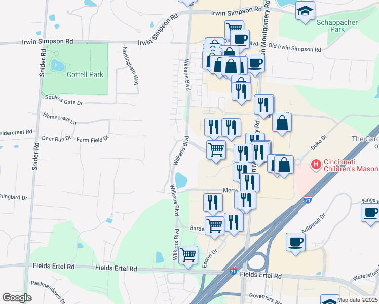 map of restaurants, bars, coffee shops, grocery stores, and more near 5325 Natorp Boulevard in Mason
