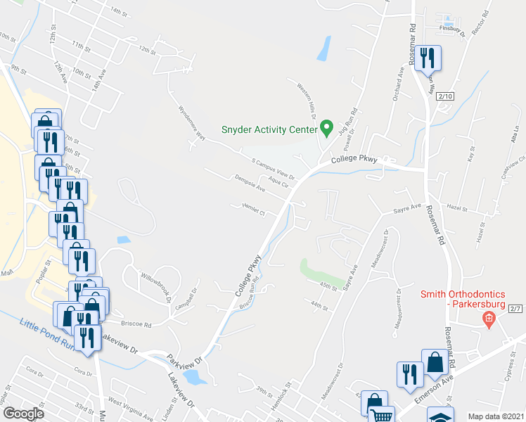 map of restaurants, bars, coffee shops, grocery stores, and more near 7 Hamlet Close in Parkersburg