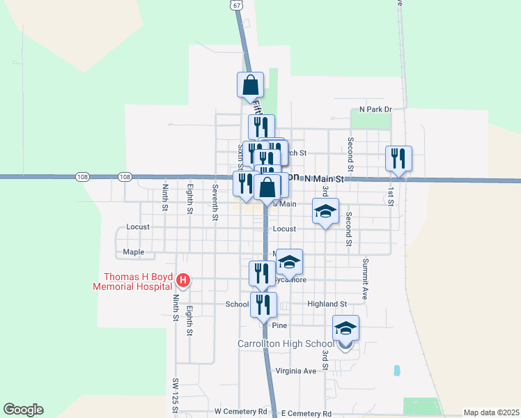 map of restaurants, bars, coffee shops, grocery stores, and more near 431 Fifth Street in Carrollton