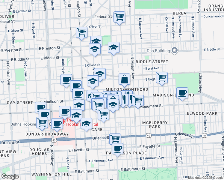 map of restaurants, bars, coffee shops, grocery stores, and more near 844 North Patterson Park Avenue in Baltimore
