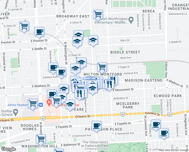 map of restaurants, bars, coffee shops, grocery stores, and more near 845 North Patterson Park Avenue in Baltimore