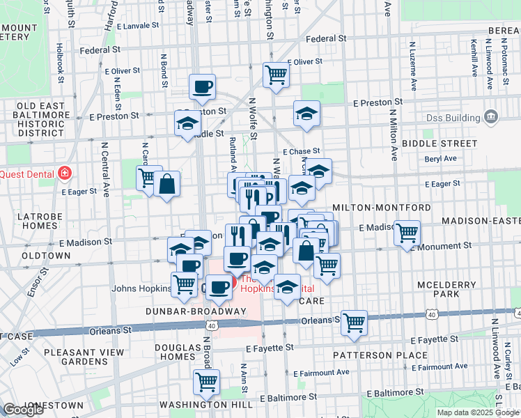 map of restaurants, bars, coffee shops, grocery stores, and more near 1900 Ashland Avenue in Baltimore