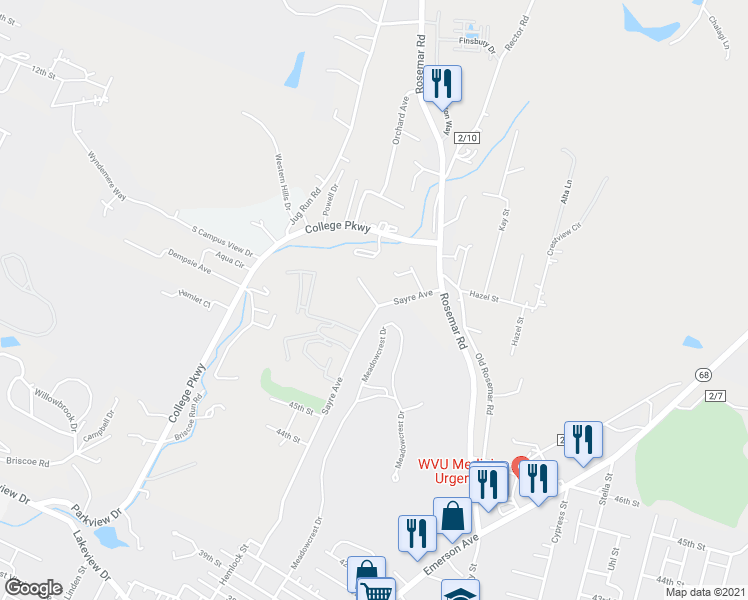 map of restaurants, bars, coffee shops, grocery stores, and more near 56 Wyndham Knob in Parkersburg