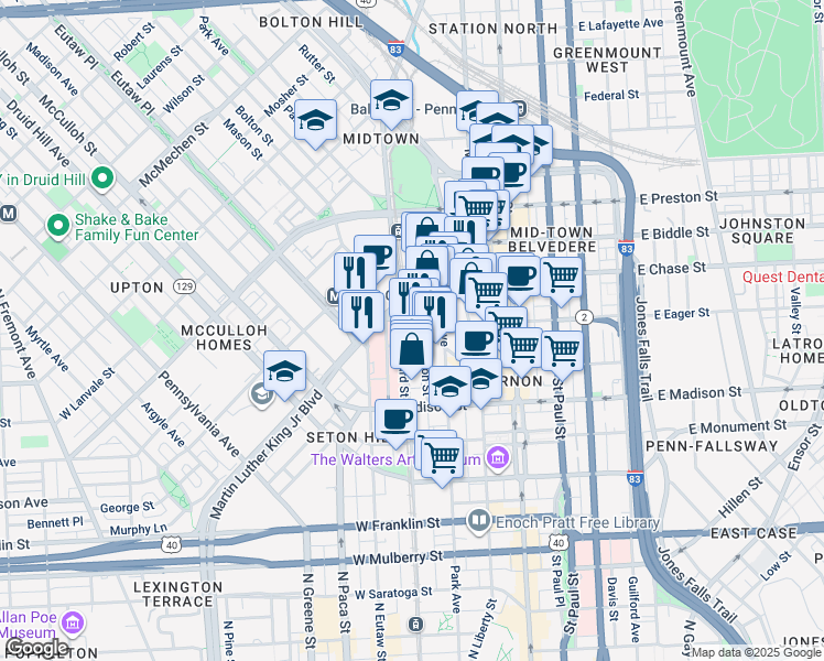 map of restaurants, bars, coffee shops, grocery stores, and more near 893 North Howard Street in Baltimore