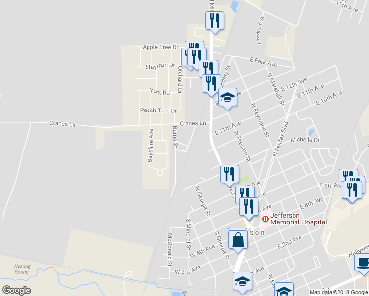 map of restaurants, bars, coffee shops, grocery stores, and more near 503A Grassdale Street in Ranson