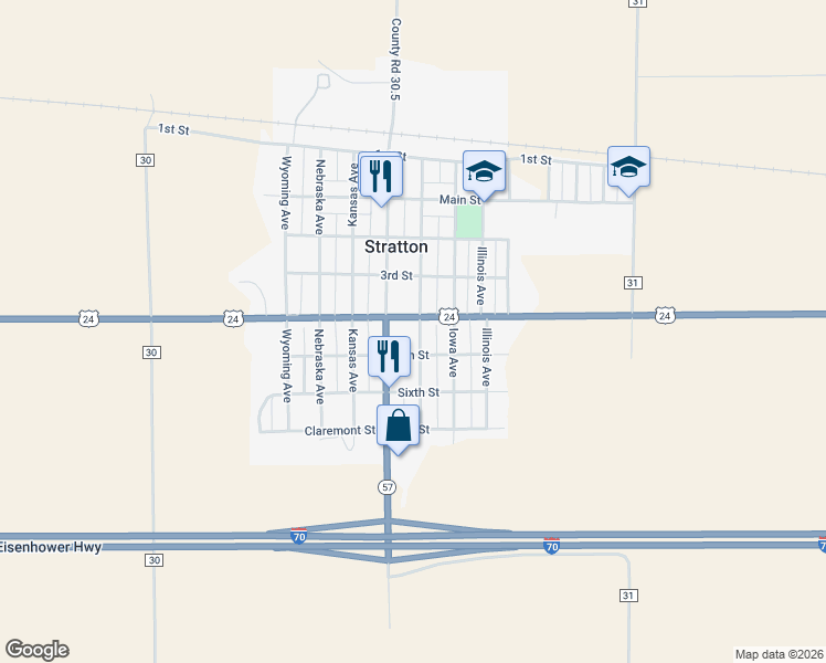 map of restaurants, bars, coffee shops, grocery stores, and more near 575 4th Street in Stratton