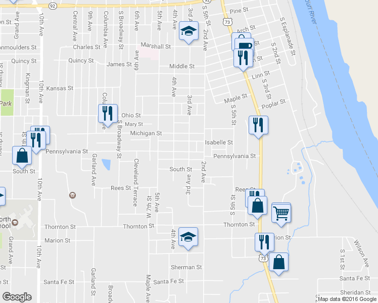 map of restaurants, bars, coffee shops, grocery stores, and more near 598 Pennsylvania Street in Leavenworth