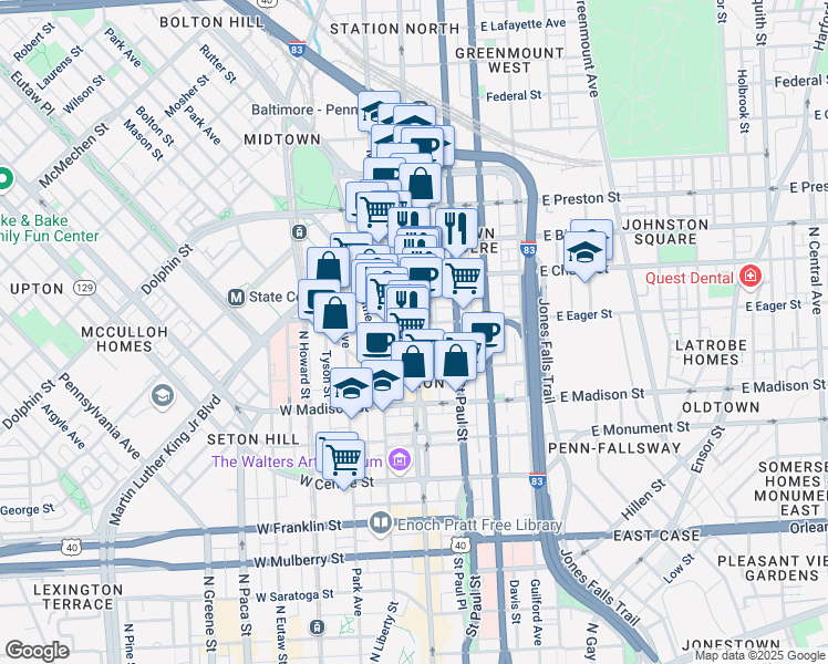 map of restaurants, bars, coffee shops, grocery stores, and more near 932 North Charles Street in Baltimore