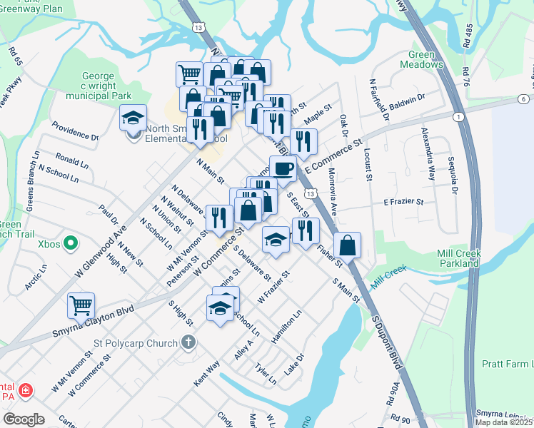 map of restaurants, bars, coffee shops, grocery stores, and more near 22 East Commerce Street in Smyrna