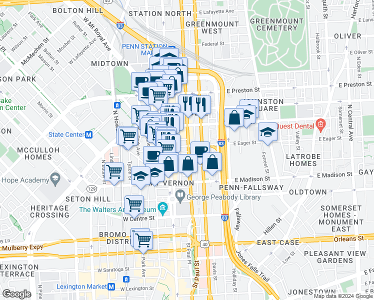 map of restaurants, bars, coffee shops, grocery stores, and more near 101 Independence Avenue Southeast in Washington